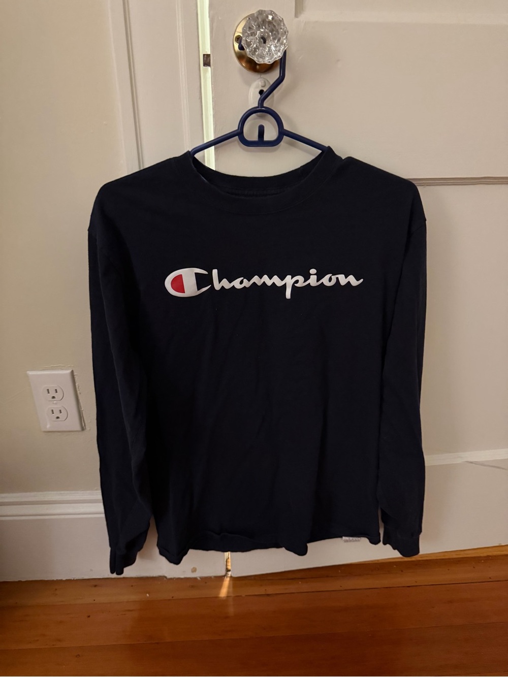 Champion Navy Long Sleeve T Shirt with Script Logo and Red Accent Size Medium